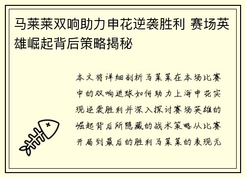马莱莱双响助力申花逆袭胜利 赛场英雄崛起背后策略揭秘